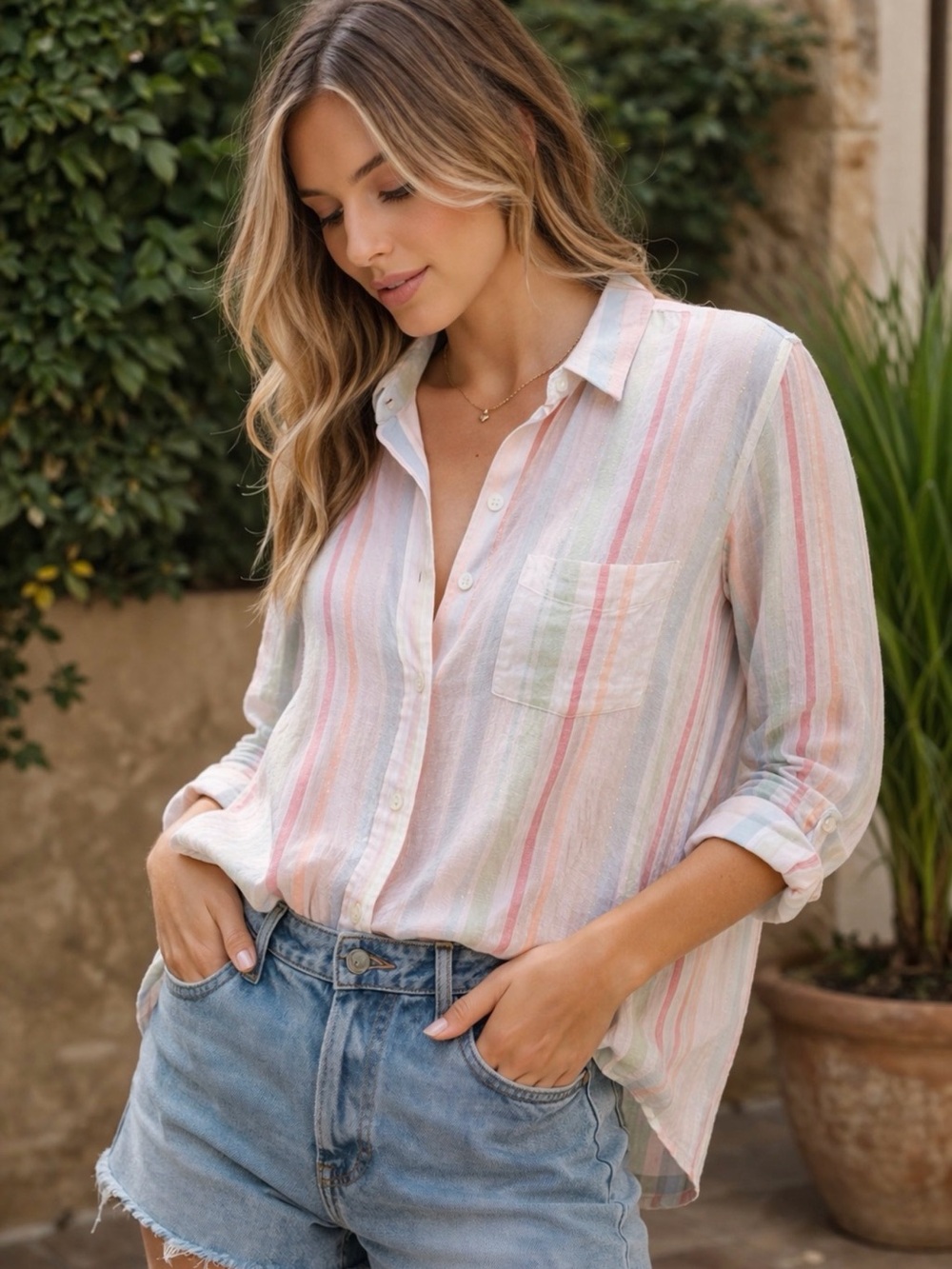Rails Charli Matera Stripe Lurex Metallic Gauze Button Down Shirt Size Small